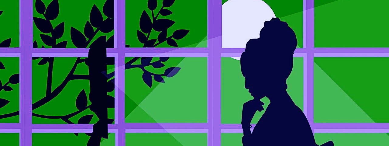 A graphic of a woman in side-on silhouette working on a computer in front of a purple French window and green night-time skyline.