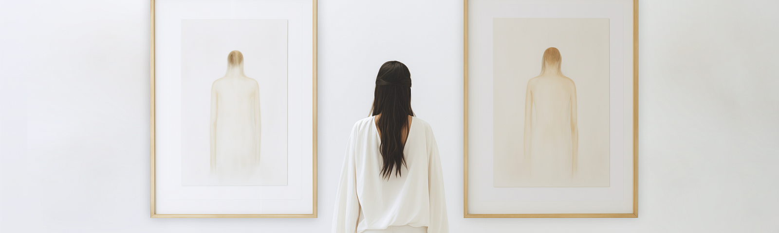 Aa girl in a white room looking at two paintings