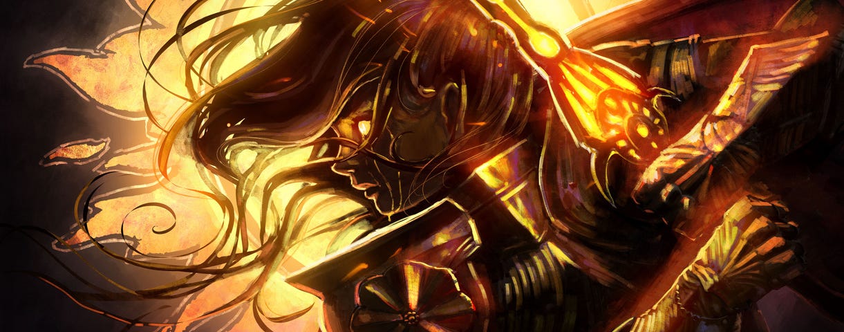 Image: A long-haired woman in plate armor, holding her sword at the ready as wind blows her hair (right into her face) and a flame-colored glow lights her from behind.