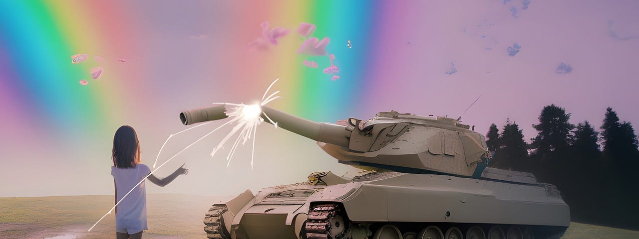 Image of young girl standing in front of a broken war tank with a rainbow in the background