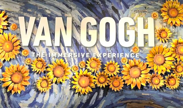 A exhibit wall with the words Van Gogh, The Immersive Experience. There are bright sunflowers in the forefront and blue circles in the background. Art, Van Gogh, Culture, Museum