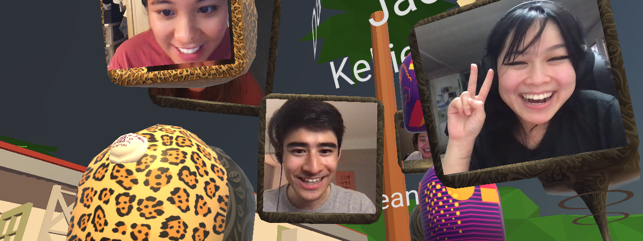 Screenshot of a virtual hangout room. Three people’s faces hover in view, all smiling, one does the peace sign.