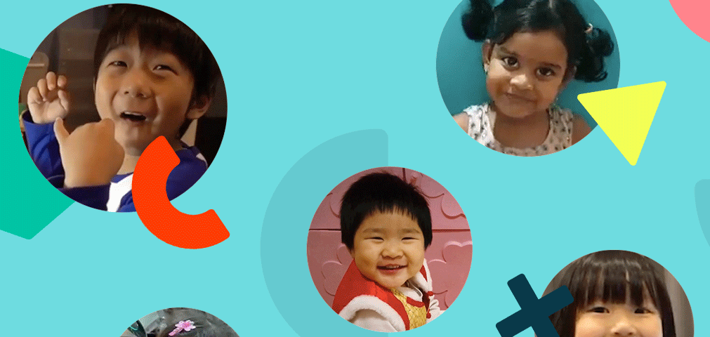 An image with photos of 5 smiling kids, 2 boys and 3 girls.