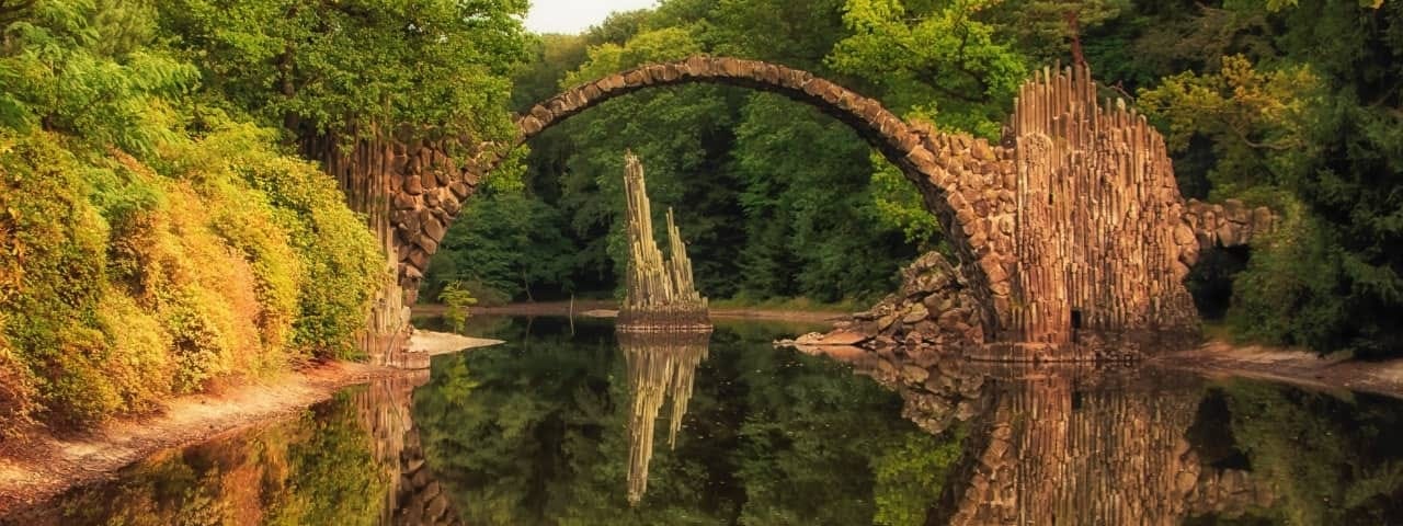 Stone bridge reflected in the water as a full circle