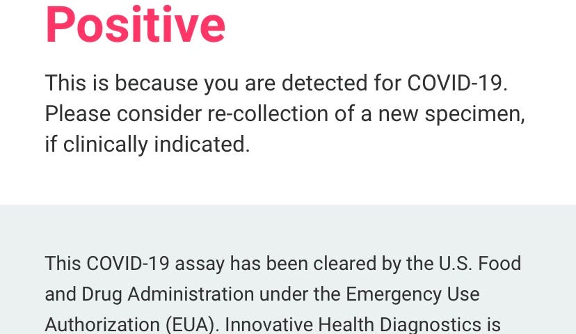 Screenshot of my COVID test results: Positive.