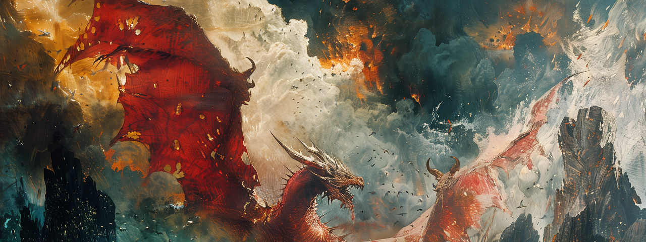 A huge red dragon with withered deployed wings shown among the ruins of a city.