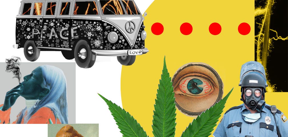 collage with a Volkswagen van in the top left, a photo of a woman smoking on top of another photo of a woman smoking. A large cannibis leaf dominates the center of the photo with a bloodshot eye above it and a police officer in a gas mask and a helmet on the right side.