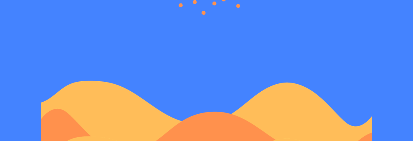 Cartoon: dark orange sand floats in a royal blue sky above a desert of dark orange and light orange sand.