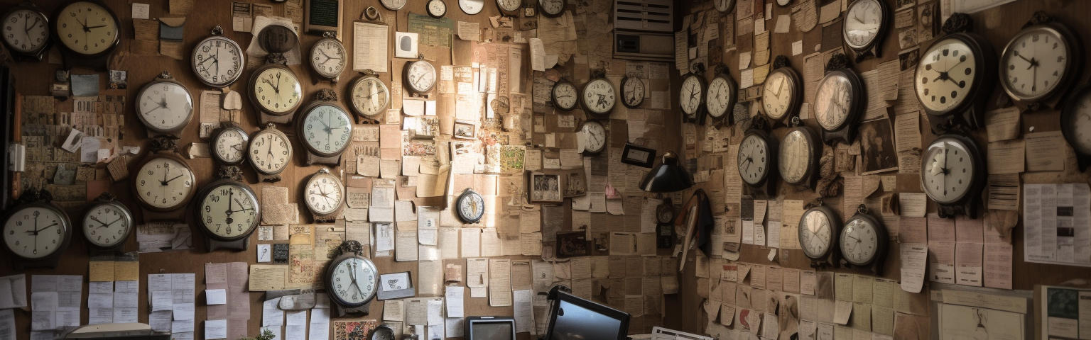 an image of a dim, cramped and messy office with many clocks on the walls