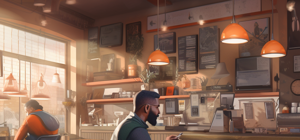 A cozy coffee shop scene with a person using a laptop