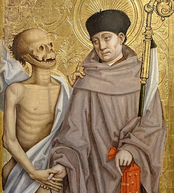 A Catholic saint in a brown robe is shaking the hand of an animated corpse standing beside him.