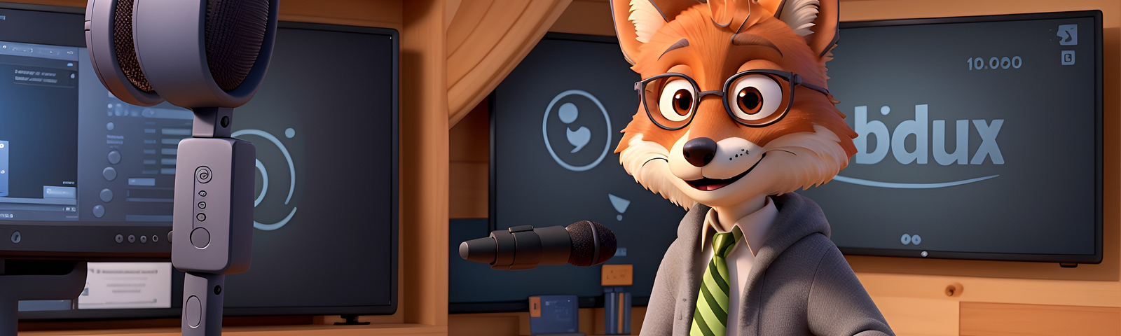 An AI-generated fox in the style of a Pixar 3D animation, wearing a white shirt, a light green and black striped tie, a grey hooded jacket and black-framed glasses, standing at a desk with a microphone floating in mid-air infront of him. There are several screens on the light-coloured wooden walls behind him with various meaningless icons and text on the them.