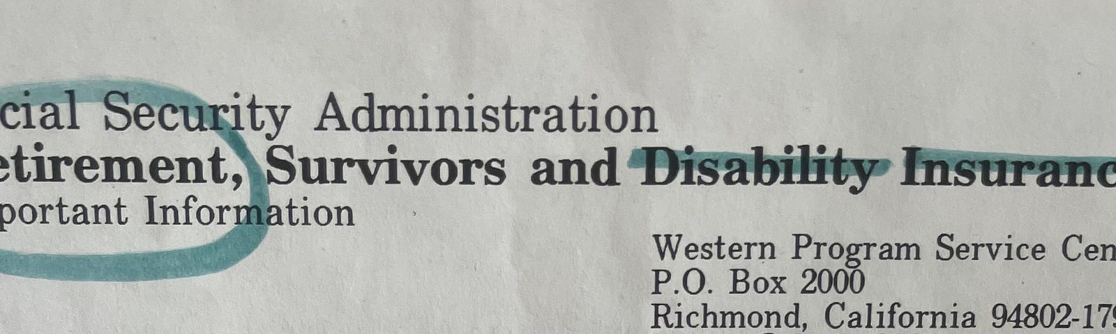 iPhone photo by Adria Chalfin of Social Security Letter the word Retirement encircled, the word Disability with a line crossed through.