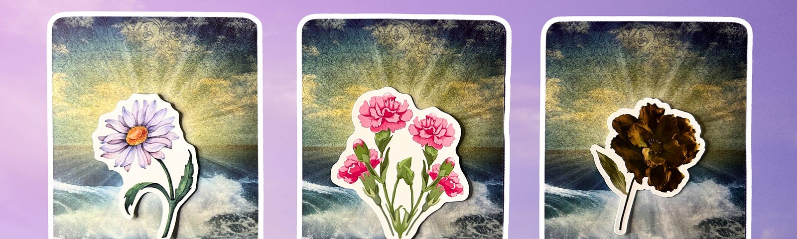 Three oracle pick a card piles: piles 1 — white flower, pile 2 — pink flowers, and pile 3 — brown flower