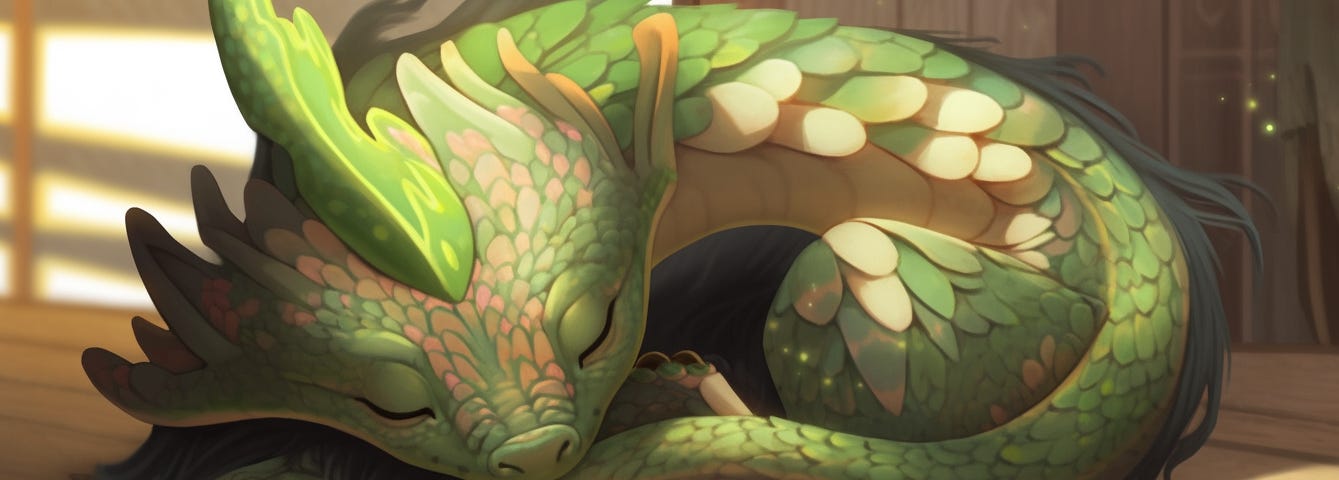 A cute dragon or firedrake, curled up and sleeping