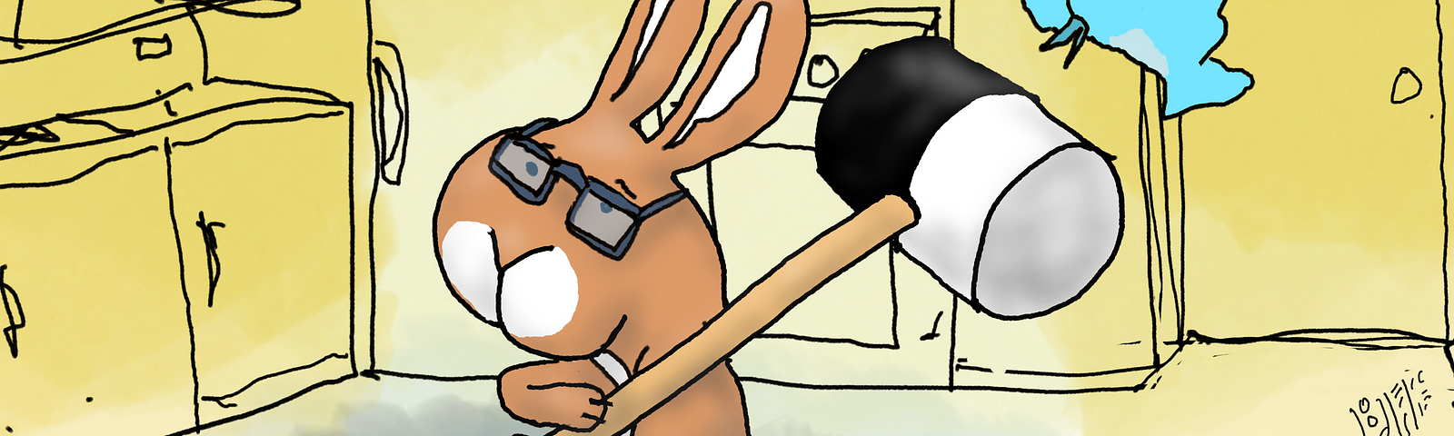 A cartoon of a brownish bunny with glasses holding a rubber mallet over his shoulder. The mallet has a wood handle and the barrel is half white, half black. The bunny is surrounded by three blue birds. They are all in a loosely. sketched yellow kitchen. Art by Doodleslice 2024