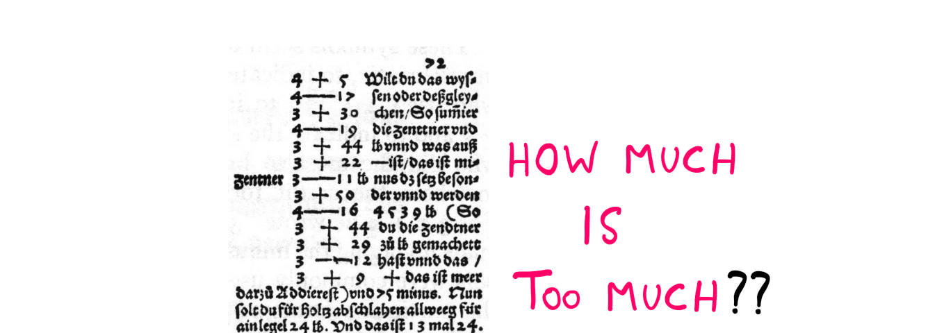 Modern Math Is Full Of Symbols. Is This Really Necessary? — On the left is seen, a snippet from Johannes Wildmann’s book for merchants. The language is old German. And the snippet seems to suggest ‘plus’ and ‘minus’ symbols for the usage of merchants. On the right, the author poses the following question: “How much is too much?”