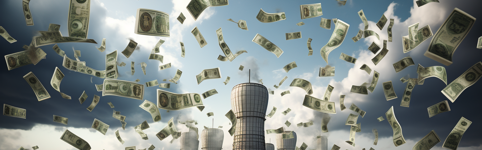 Midjourney generated image of many small modular nuclear reactors with dollars falling from the sky upon them