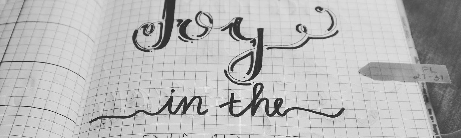 An image of a mix of artistic, hand-lettered fonts on graph paper in a bound notebook that says: “Find joy in the simple things.”