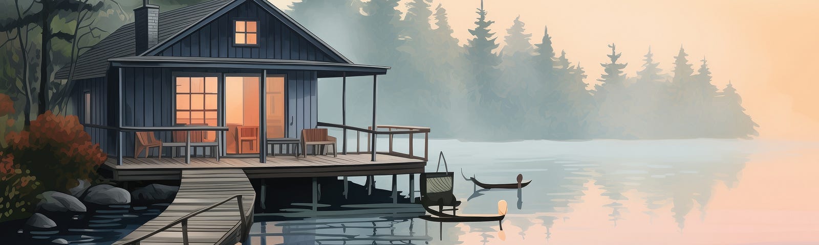 A misty morning cabin on a lake front