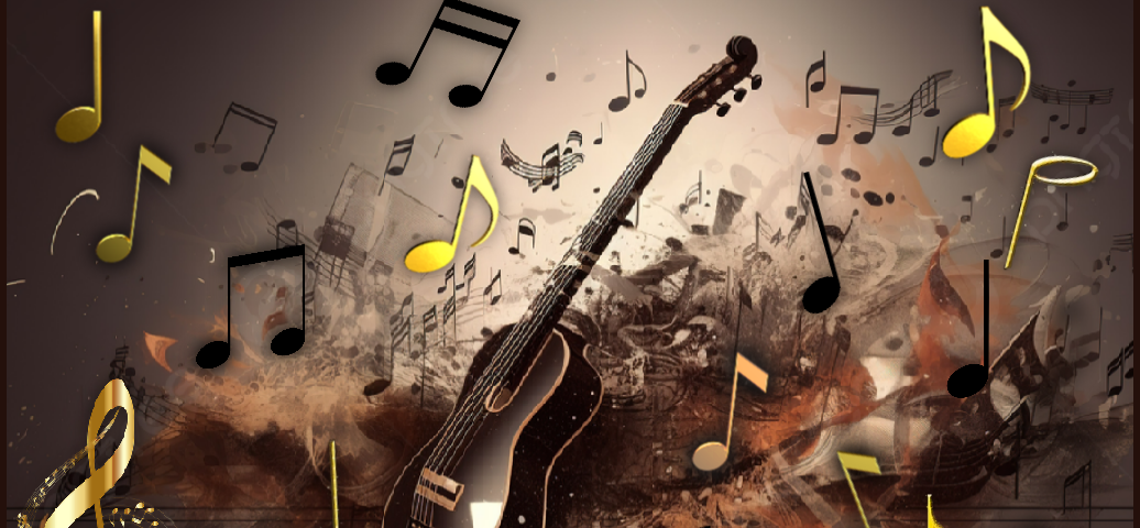 A musical composite showing a guitar in the center and swirling black and gold music notes