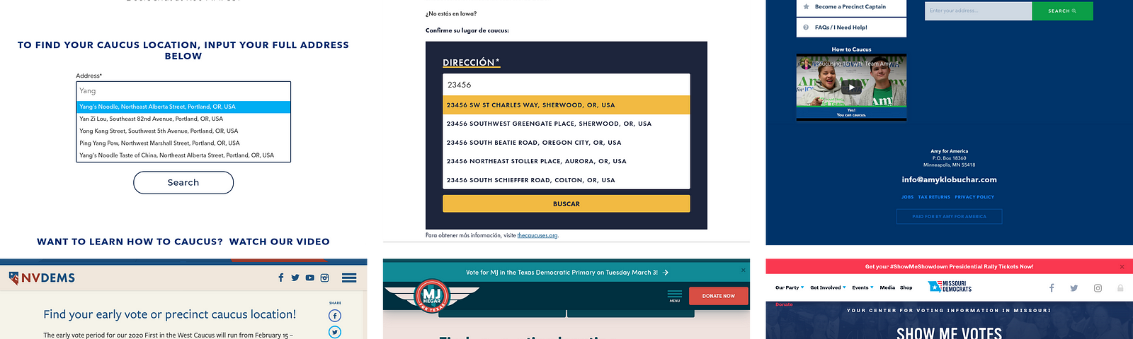 Images of Democratic primary campaign websites that used the IWillVote voting location lookup widget.