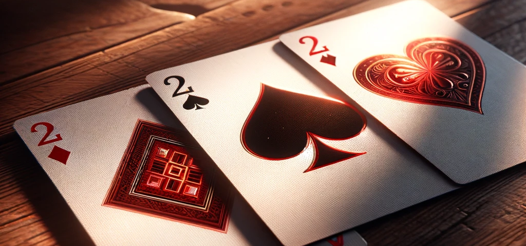 Three playing cards on a table: a 2 of diamonds, 2 of spades, and 2 of hearts.