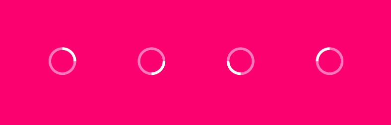 A pink background with four hollow white circles on top. Each circle has a filled in quarter to indicate a loading spinner.