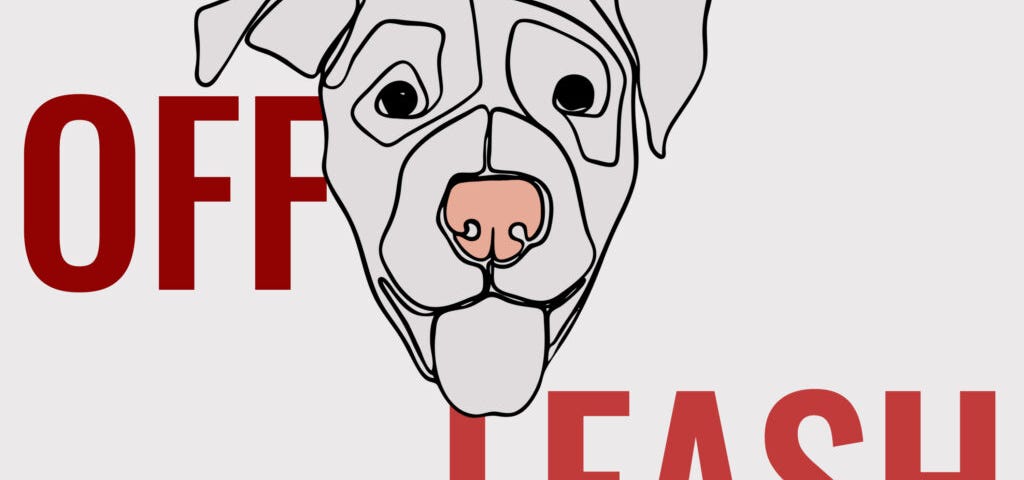 Graphic with white background and the words Off Leash in red.