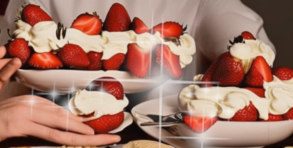 A man being served an assortment of deserts — strawberries with whipped cream and other sweets.