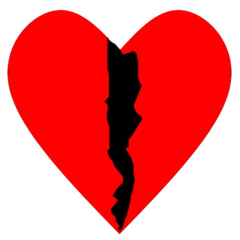 A graphic creation of a broken heart, i.e. red heart with black crevasse through center top to bottom.