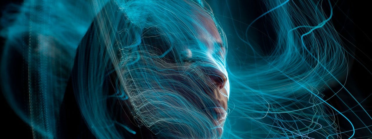 Image shows the face of a woman with blue fantasy swirls around and over it, as if she’s hiding.