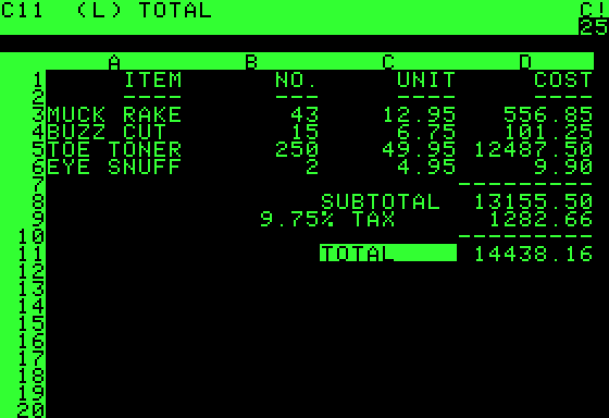 A screenshot of VisiCalc for the Apple II