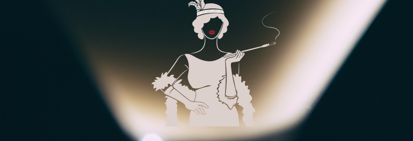 A silhouette of a lady flapper from the 1920s, dressed in white, appears inside a frosty martini glass.