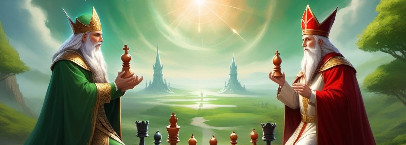 red and green personified chess bishops face off in a fantasy kingdom