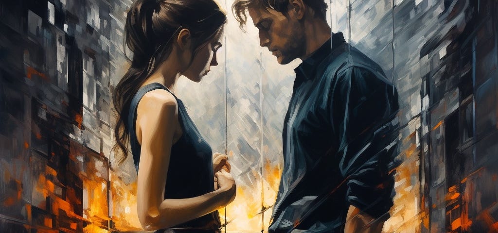 A splintered mirror captures divergent yet hauntingly similar images of a man and woman; each reflection tinged with nuance, while quantum equations loom like shadows in the background. AI artwork by Mark R. Havens.