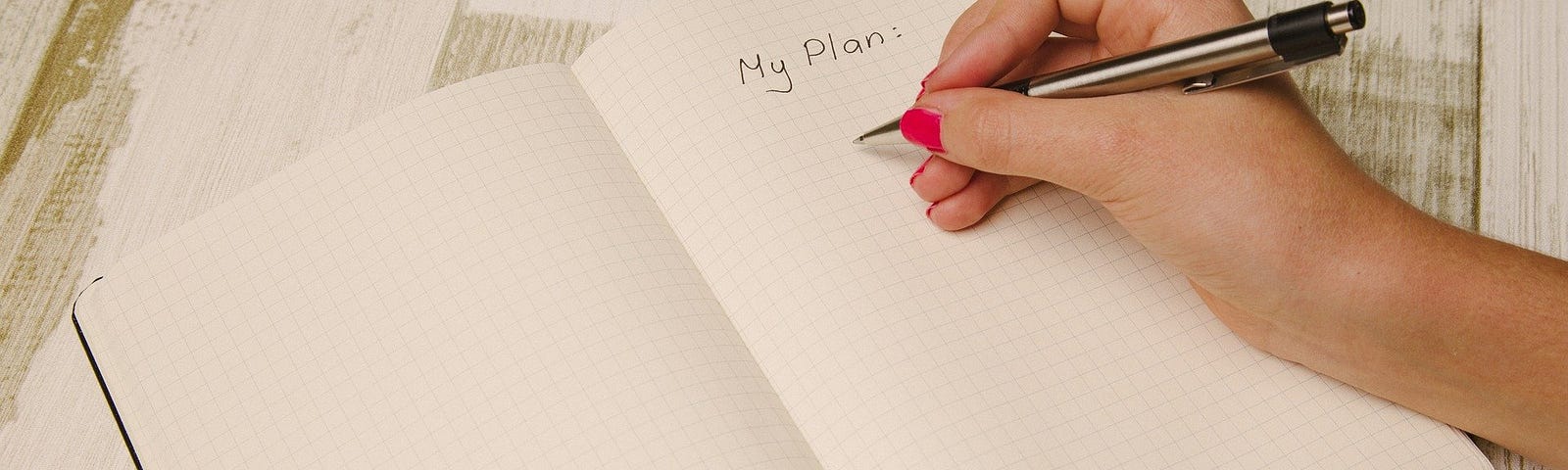 Open planner with hand holding pen the words ‘my plan’ written on page.