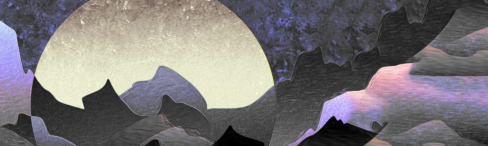 Purple & grey textured illustration of overlapping mountains and central image of moon holding shadow image of landscape.