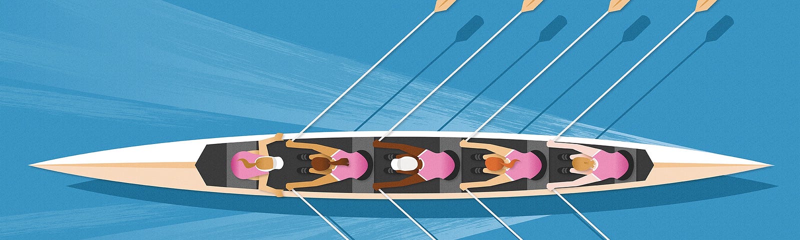 A bird’s eye view of a coxswain steering a rowing team as they zip through the water in their boat.