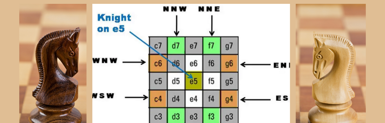 Knights on each side facing each other with a graphic between them showing the shapes of knight moves.