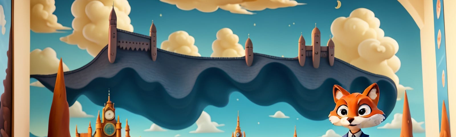 An AI-generated fox in the style of a Pixar 3D animation, wearing a blue suit with a red tie, standing in front of and in what looks like a Salvador Dalí painting on a wall, with a blue sky and fluffy white clouds and a floating black sheet peaked with what look like castle or university towers, hovering over what looks like a university, sat on a sandy pointy desert landscape.