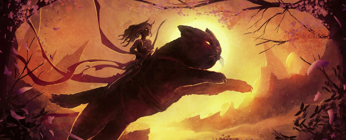 Image: A fae warrior riding on the back of a pouncing cat, back-lit in gold by the setting sun.