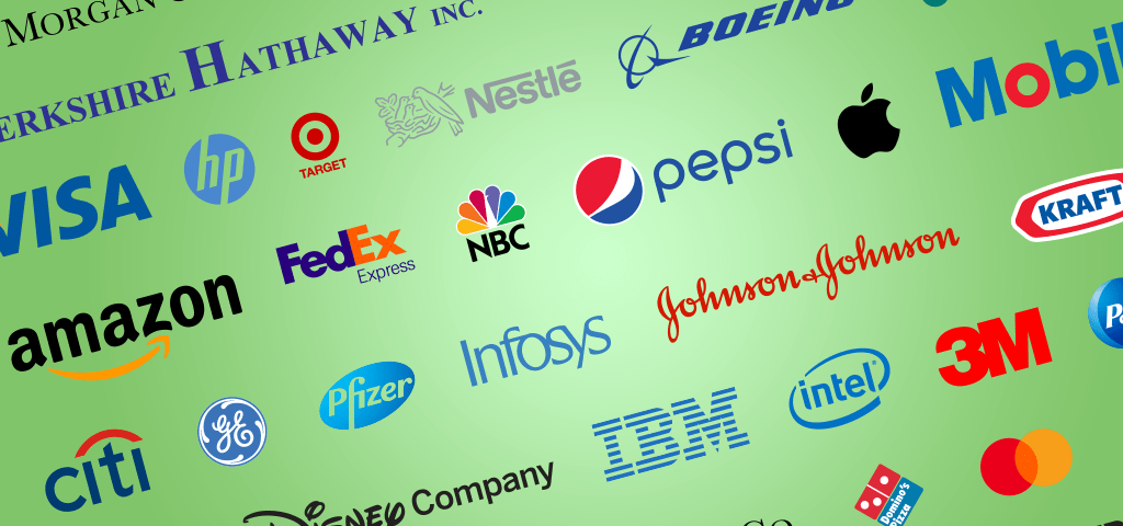 A bunch of logos of blue chip companies on a green background.