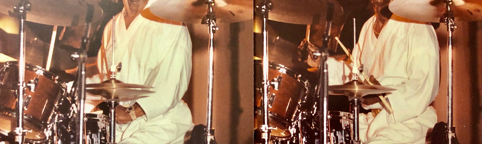 Two photos of Art Blakey playing his drums in an concert at Peabody Alley. Taken by the author — Blakey is dressed in all white and is making faces at the audience!