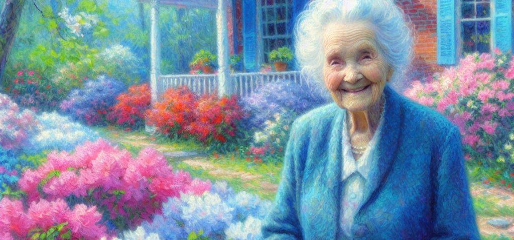 proud grandmother standing in front of her azaleas