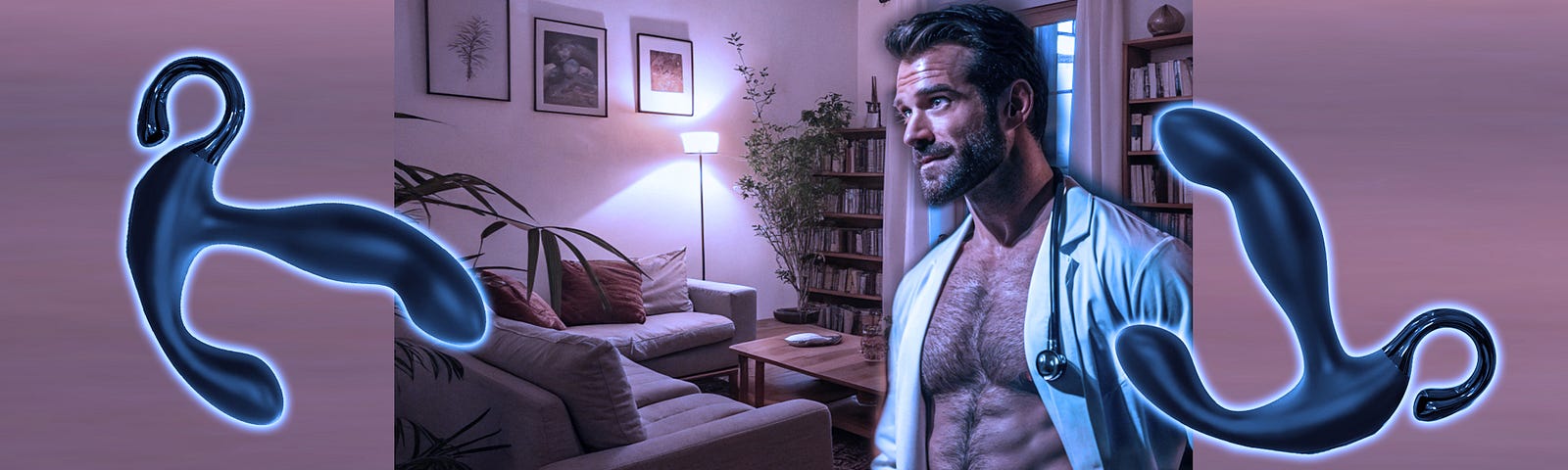 Dr Emery (a middle-aged, muscular and sexy man with a scruffy face, dark hair and hairy chest) — Image generated in Recraft using the original Emery image from NightCafeStudio and then altered in Photoshop.