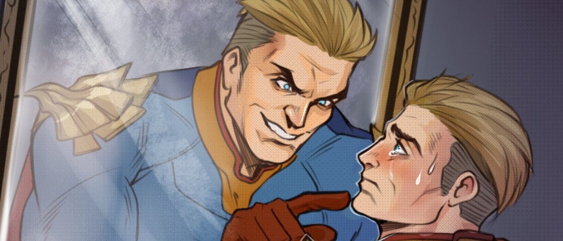 art depicting Homelander from The Boys talking to his reflection