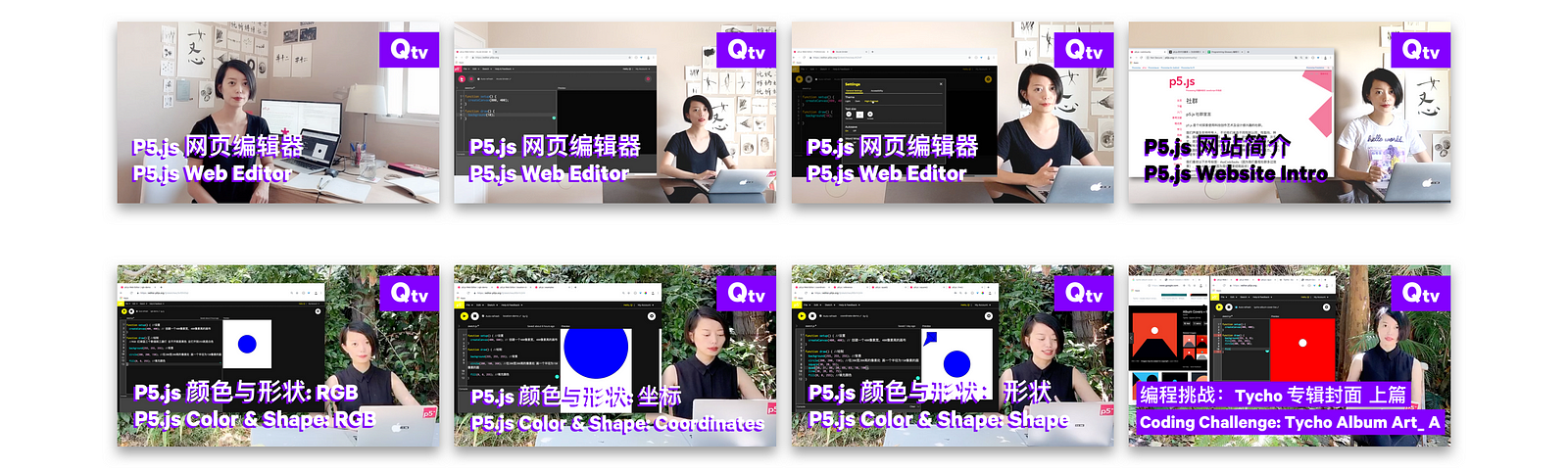 A grid of video thumbnails of Qtv, which show Qianqian Ye on the right side of the frame, with her computer screen shown.