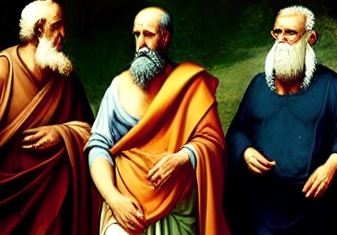 A color illustration of Heraclitus, Plato and Hegel walking together. All three are dressed as ancient Greeks, in togas. The illustration was created by Frank Moone using the AI art program, Dream.AI
