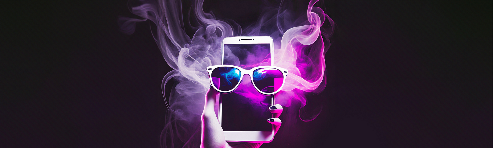 An ethereal concept image featuring a hand holding a smartphone materializing a pair of sunglasses in a cloud of purple and white smoke, highlighting Designhubz’s AR technology for a futuristic virtual try-on experience.